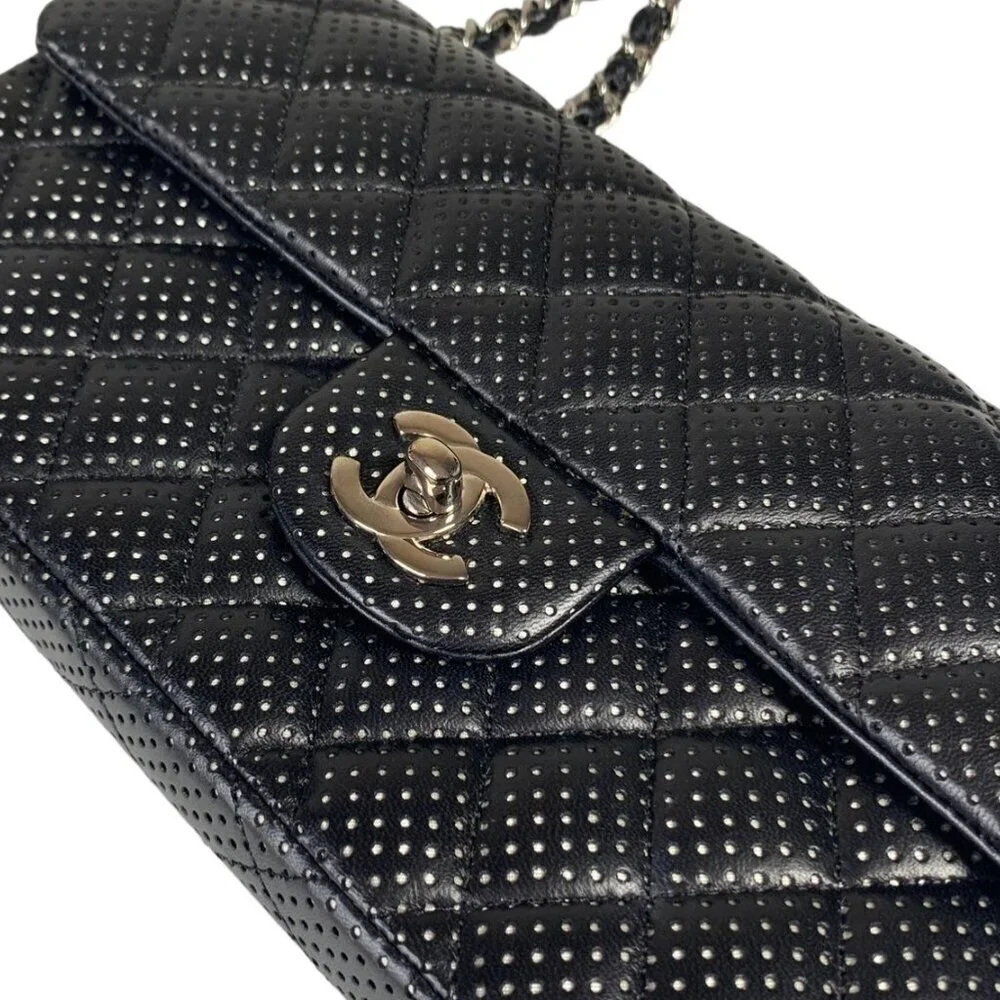 Chanel East West Classic Shoulder Flap Bag Quilted Black Perforated Leather